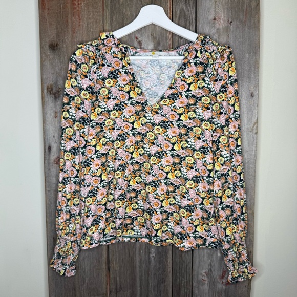 Boden Floral Notch Neck Smocked Frill Top Cotton Blouse Women's Size 2 - Picture 2 of 10